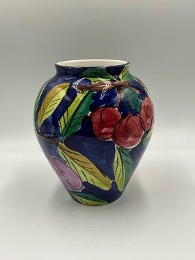 Hand-Painted Ceramic Floral Vase in Navy, Red, Green